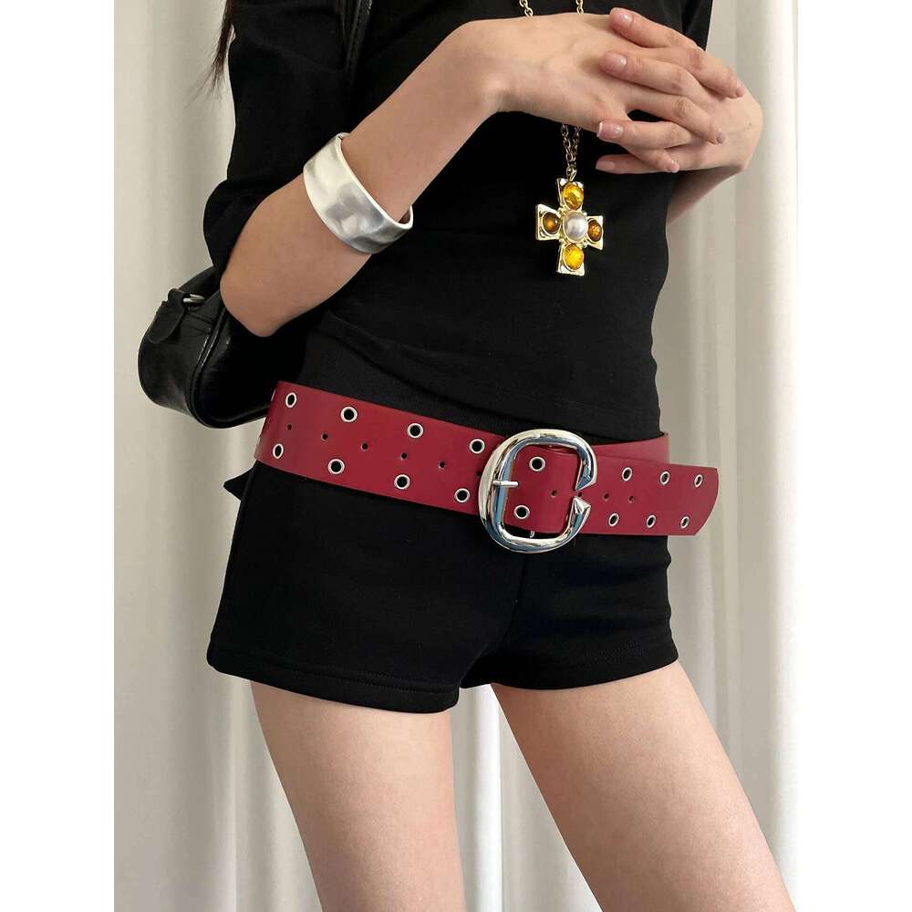 Heavy Industrial Punk Style Double-Row Hole Decoration Wide Version For Women A Niche And Versatile Leather Belt Y260225