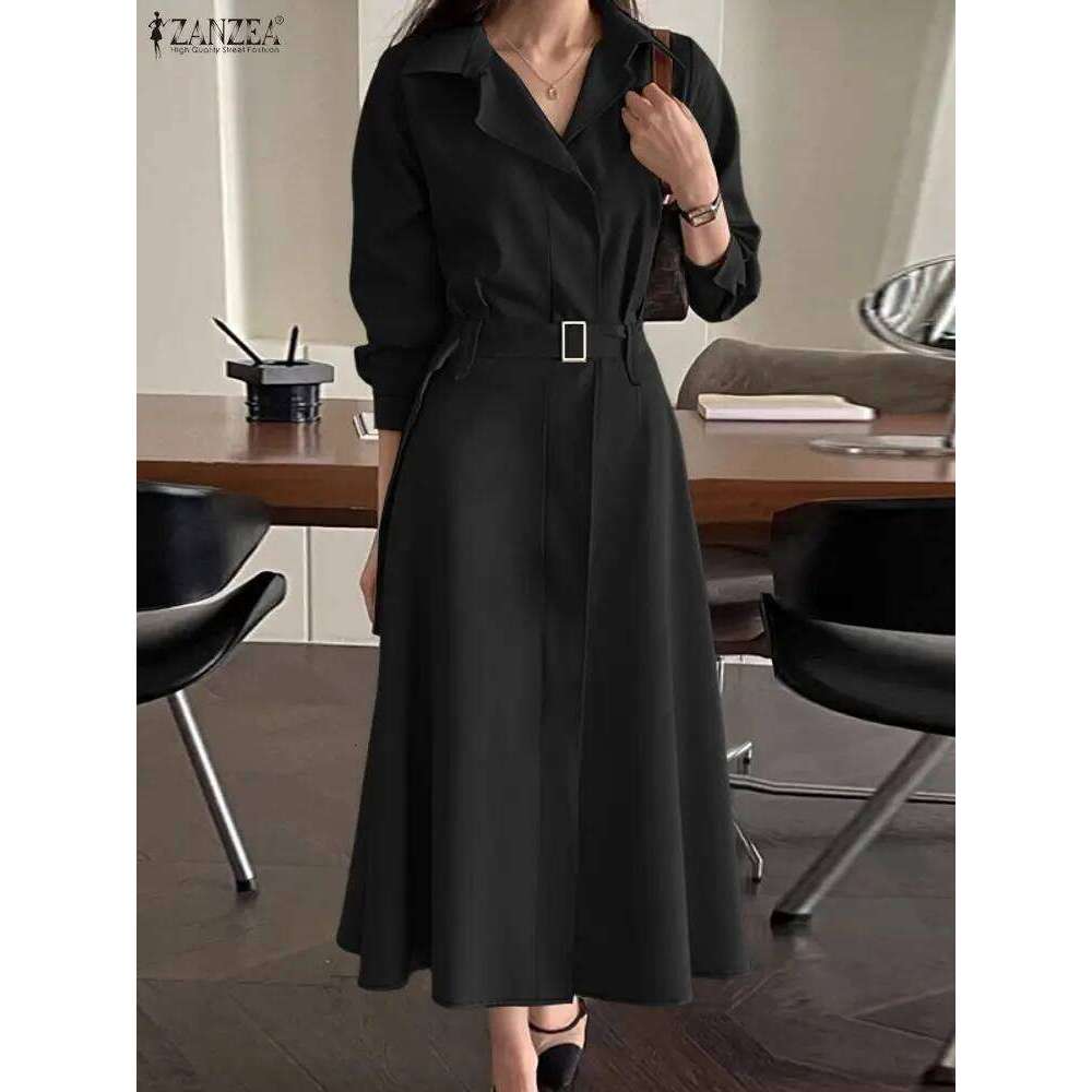 2026 ZANZEA Spring Office Lady Dresses Women Elegant Lapel Neck Long Sleeve Shirt Dress Stylish Solid OL Work Sundress Midi Robe XJ260225