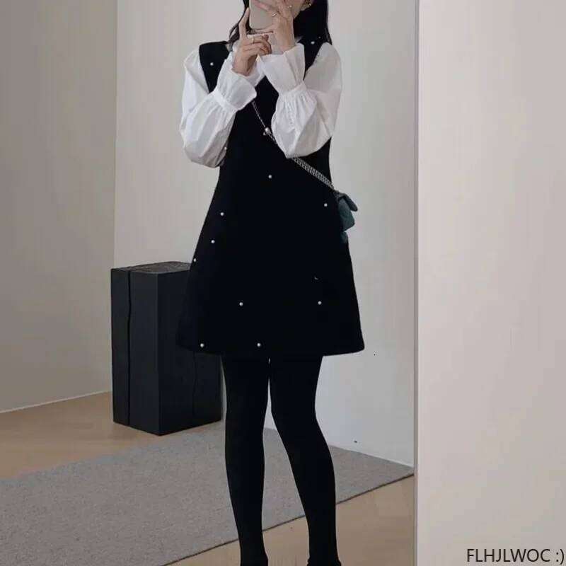 Autumn Winter Basic Shirt Dresses Outfits Cute Girls Women Fashion French Design Japan Style Sleeveless Little Black Dress XJ260225