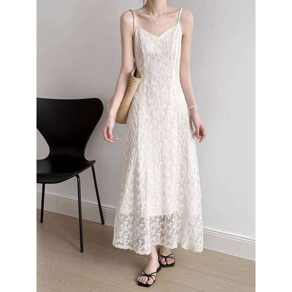 Lace Sling Women Summer New Embroidered Sweet Simple Basic Party Elegant Female Sleeveless Long Dress XJ260225