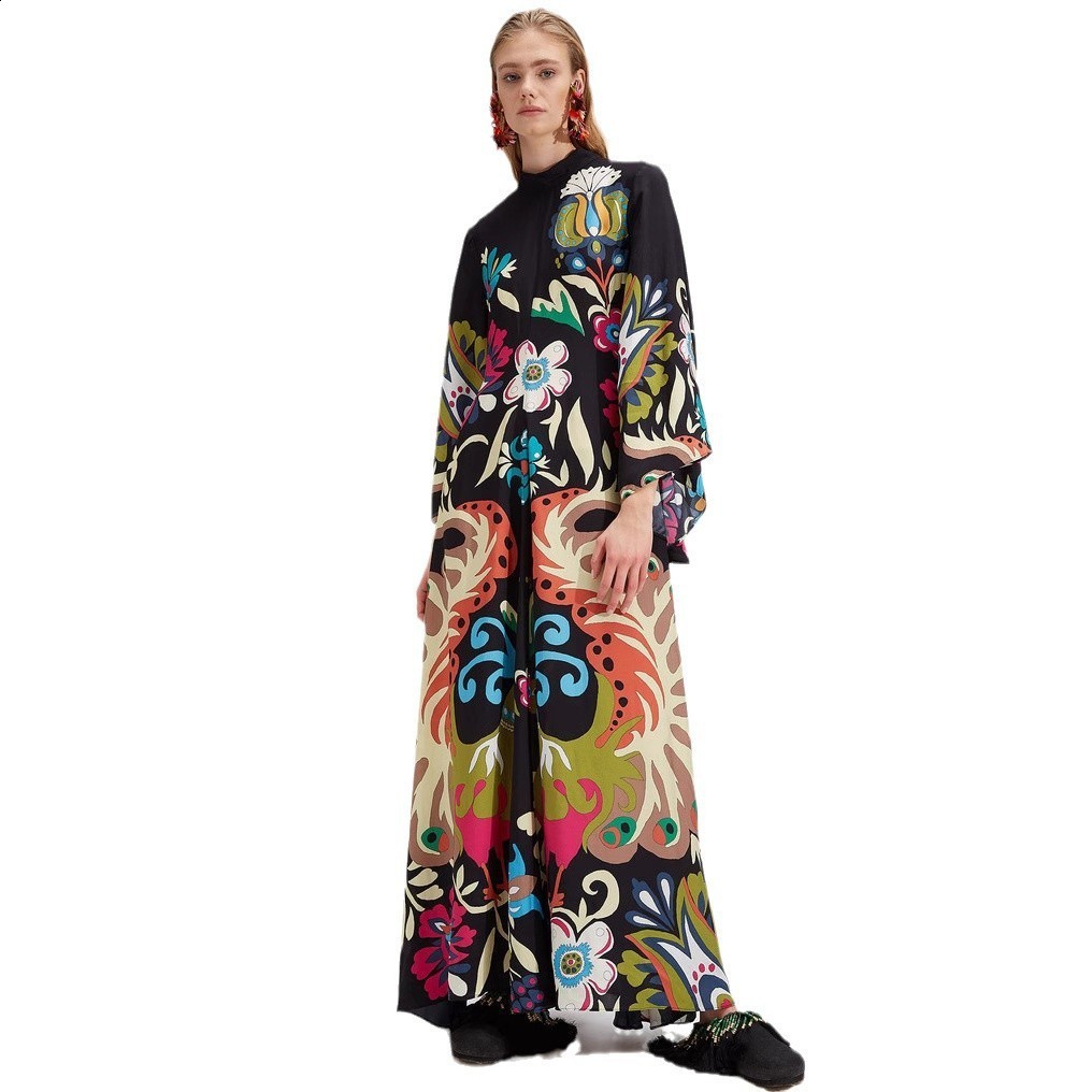 3D Print Spliced Maxi Dress Muslim Women Robes Vintage V Neck Flare Long Sleeve Summer Ladies Elegant Party Casual Dresses 240808