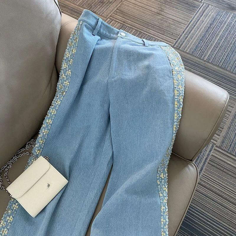 Designer women's sports suit autumn casual full style suit wide leg pants exquisite and comfortable jacket sequined lapel