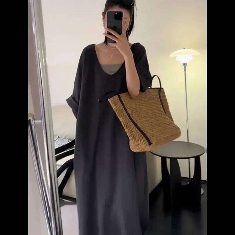 Lazy Style V-neck Patchwork Over-the-knee Loose Slimming T-shirt Dress XJ260225