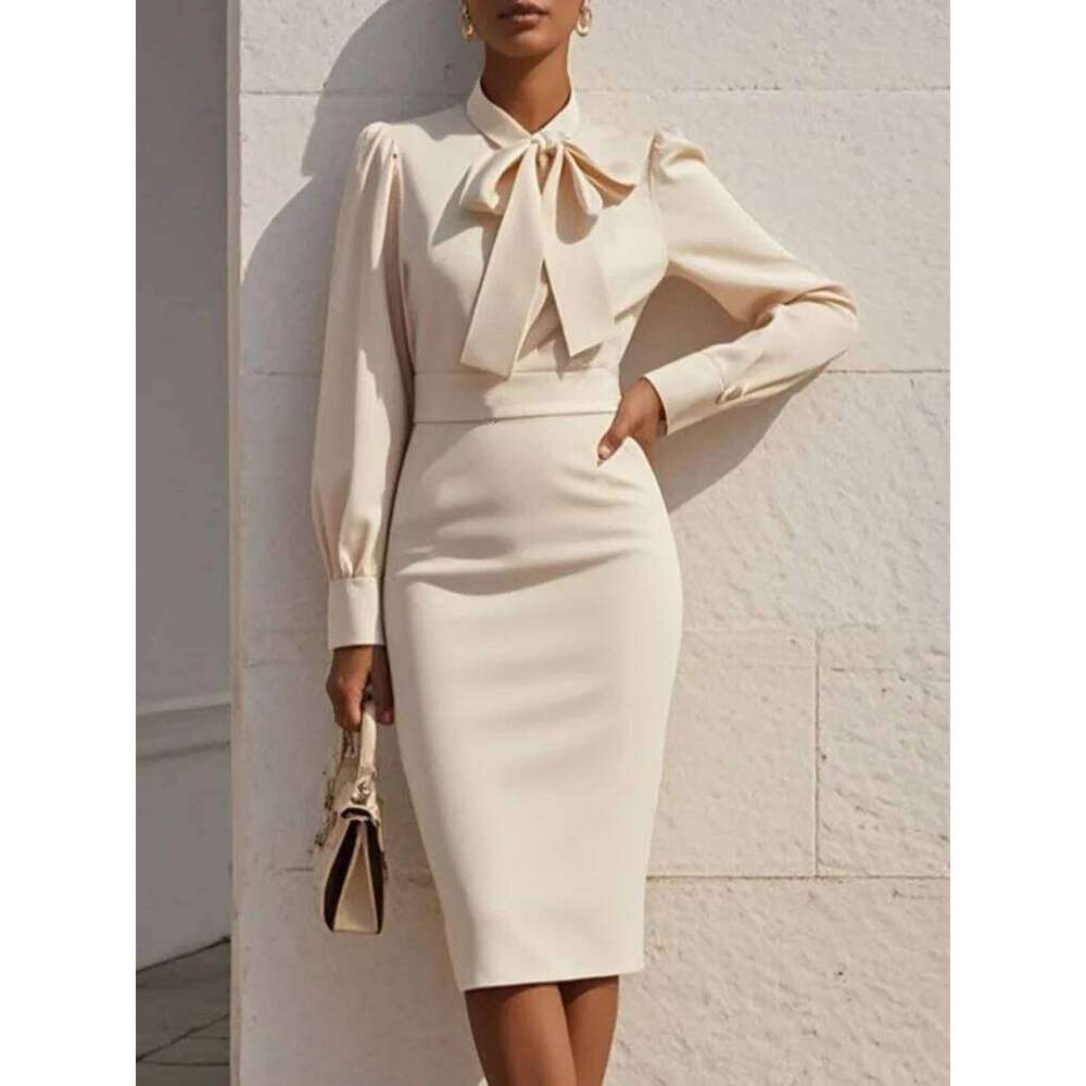 Women's Solid Color Bow Neck Long Sleeve Waisted Midi Dress XJ260225