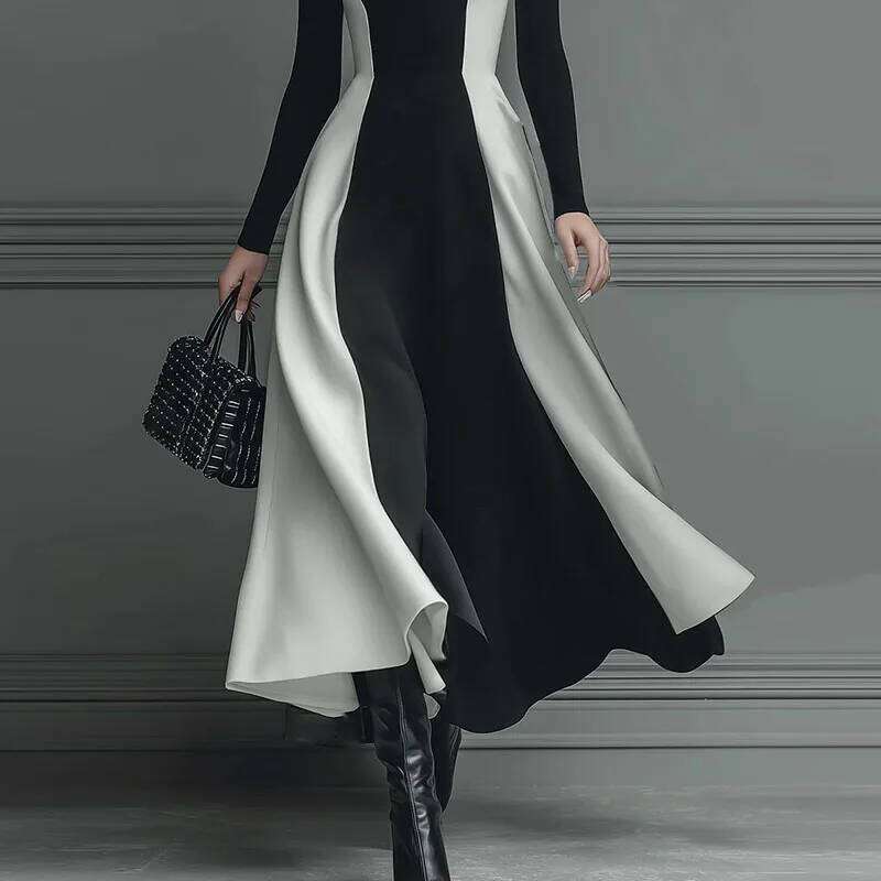 2026 Spring Contrast High Waist A-Line Woman Sexy Turtleneck Elegant Party Dresses Fall Casual Long Sleeve Slim Boho Dress XJ260225