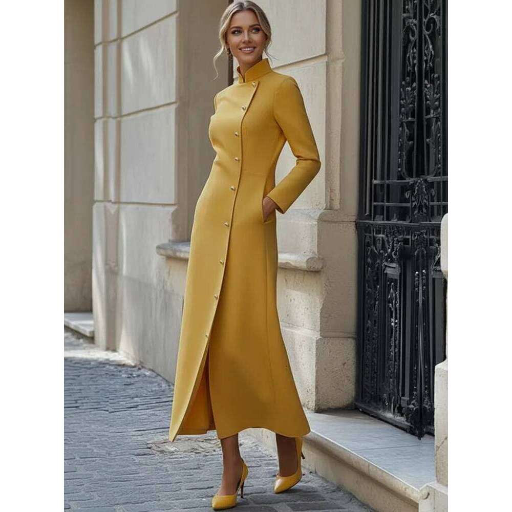Freeacy Solid Color for Women Stand Collar Long Sleeves Single-breasted H-Line Midi Autumn Fashion High Street Dress XJ260225