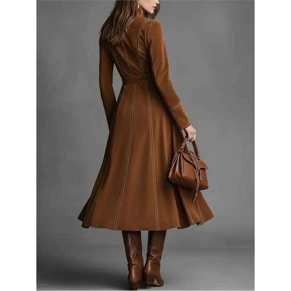 Elegant Retro Solid Suede Lace Up Dresses Woman Stand Collar Zipper Slim A-line Sleeve Pocket High Street Long Dress XJ260225