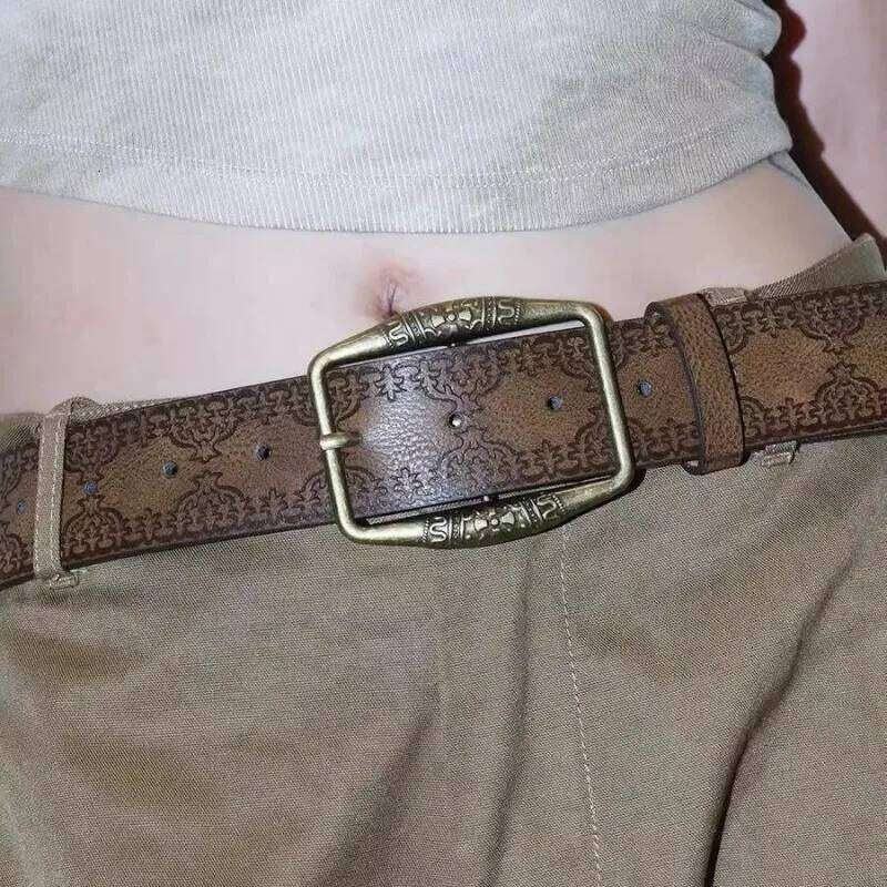 Y2K Retro Pu Embossed Belt American Vintage Leather Waistband Punk Brown Waist Deco Belts Unisex Streetwear Fashion Accessories Y260225