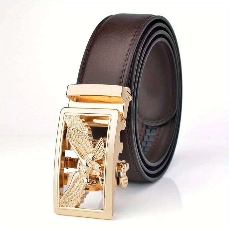 Men's Business Casual High-quality Golden Silver Eagle Pattern Leather Belt with Automatic Buckle Y260225