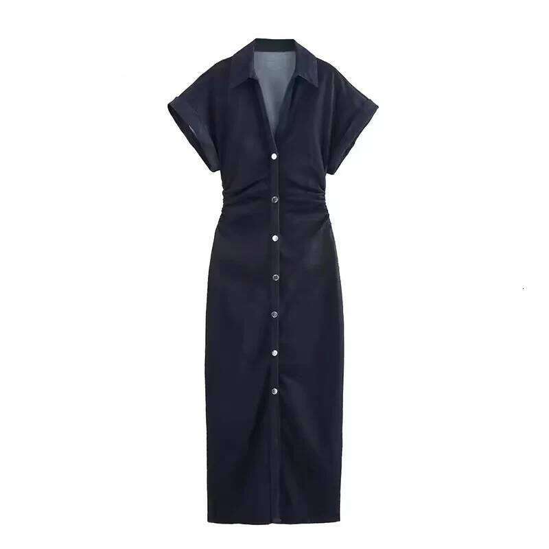 Denim Women's Spring Summer Casual Long Dresses For Women 2026 New Fashion Ruched Short Sleeve Streetwear Midi Dress XJ260225