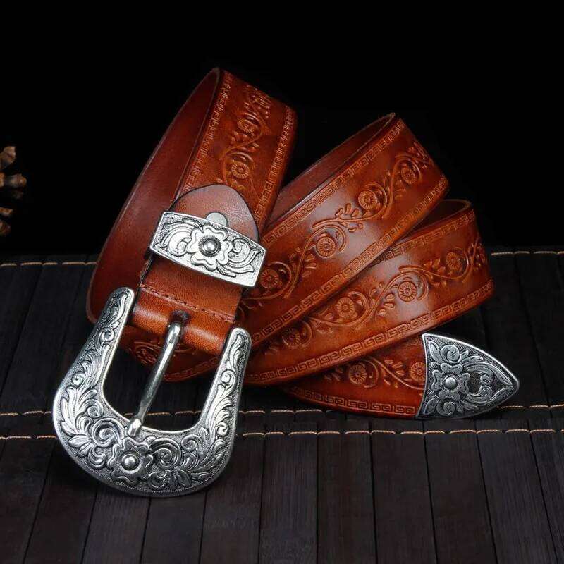 High Quality Court Style Embossed Western Cowboy Steel Buckle Genuine Leather Designer Belt Punk Jeans Belts For Men Y260225