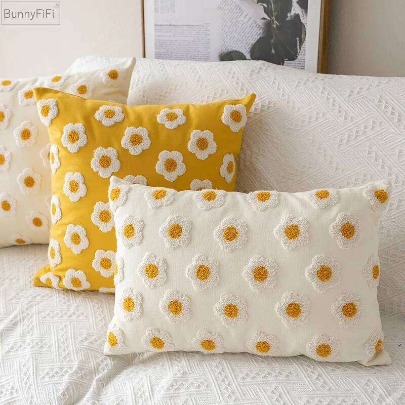 Chic Cushion Daisy Floral 45x45cm/30x50cm White Embroidery Pillow Cover Soft Cozy for living room