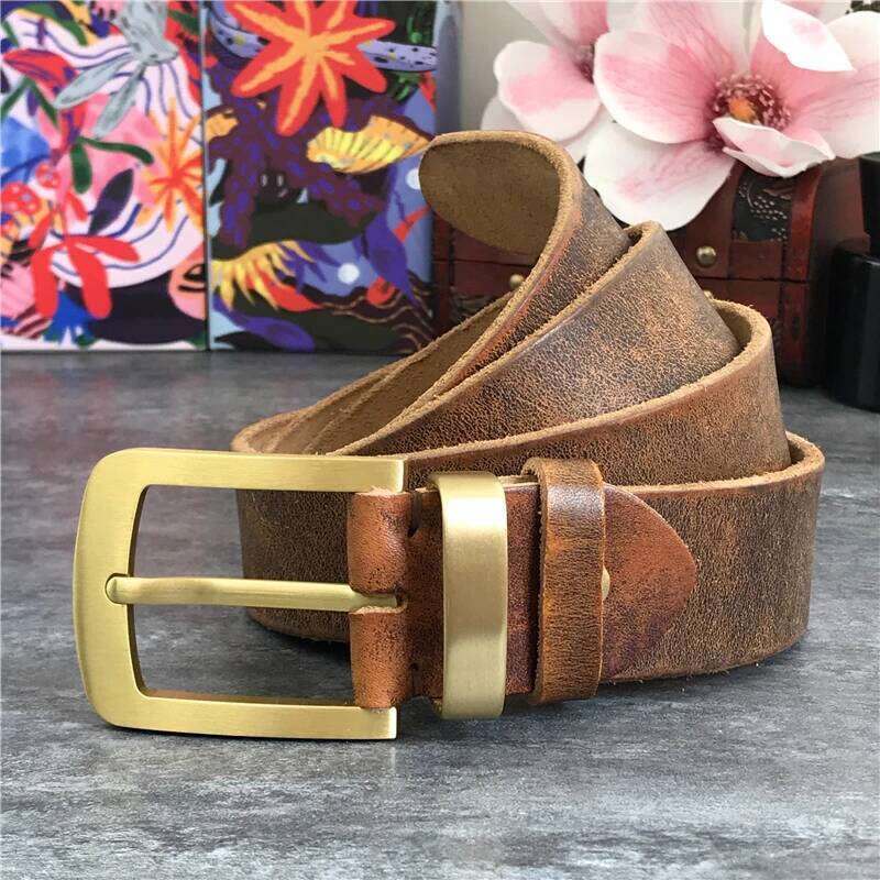 Vintage Brass Buckle Genuine Leather Male Ceinture Yellow Cowboy Jeans Men' Long 130cm Waist Belt MBT0006 Y260225