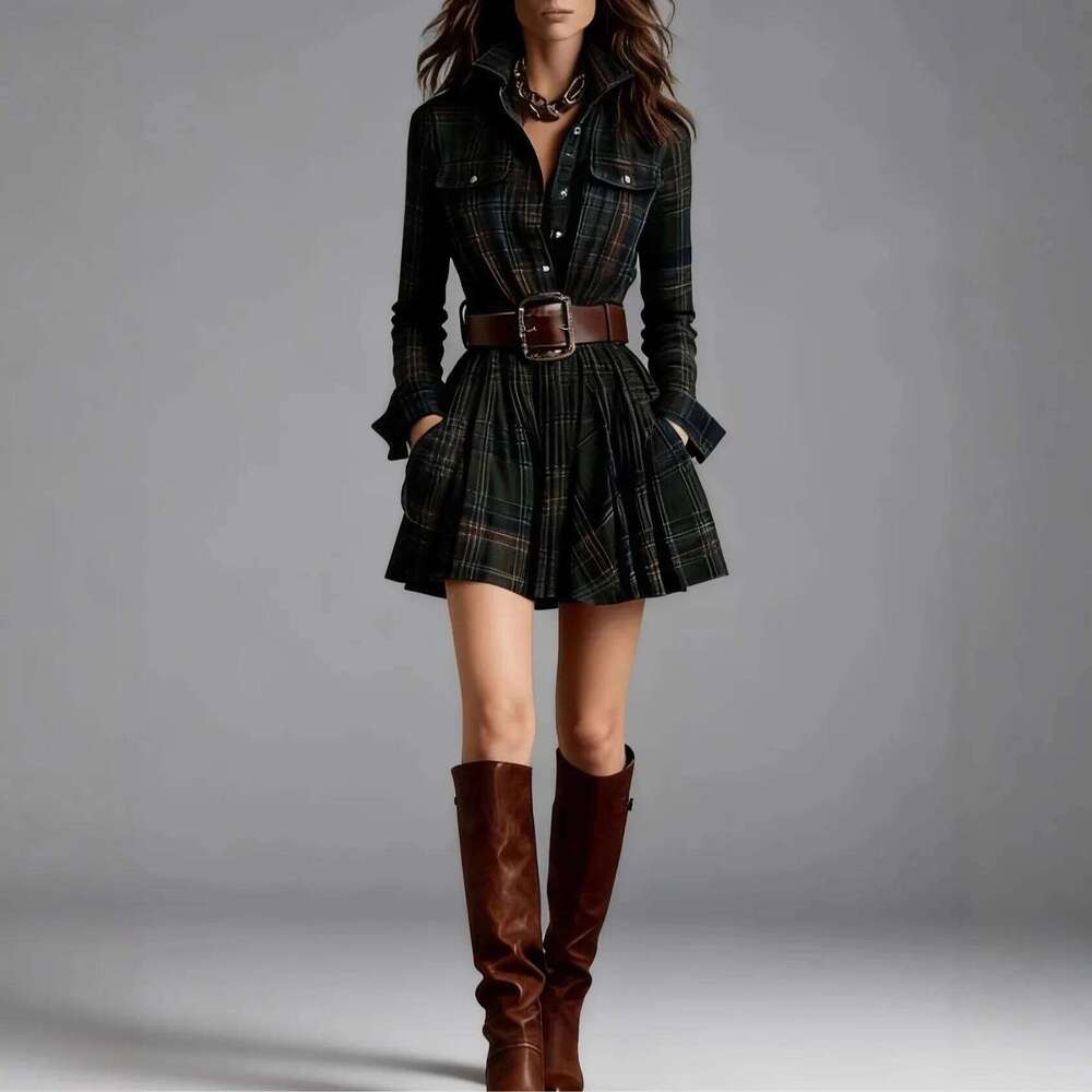 French Retro Plaid Print Slit Dresses Woman Elegant Turn-down Collar Button Maxi Autumn Long Sleeve Pocket Boho Dress XJ260225