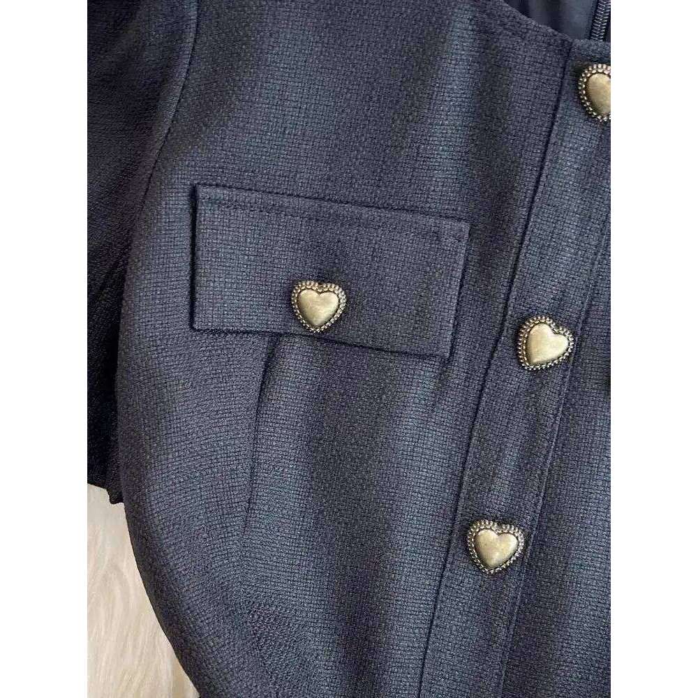 Summer Autumn Black Sundress Short Midi Party Dress Women Elegant Puff Sleeve Heart Buttons Evening Long Vestidos Quality XJ260225