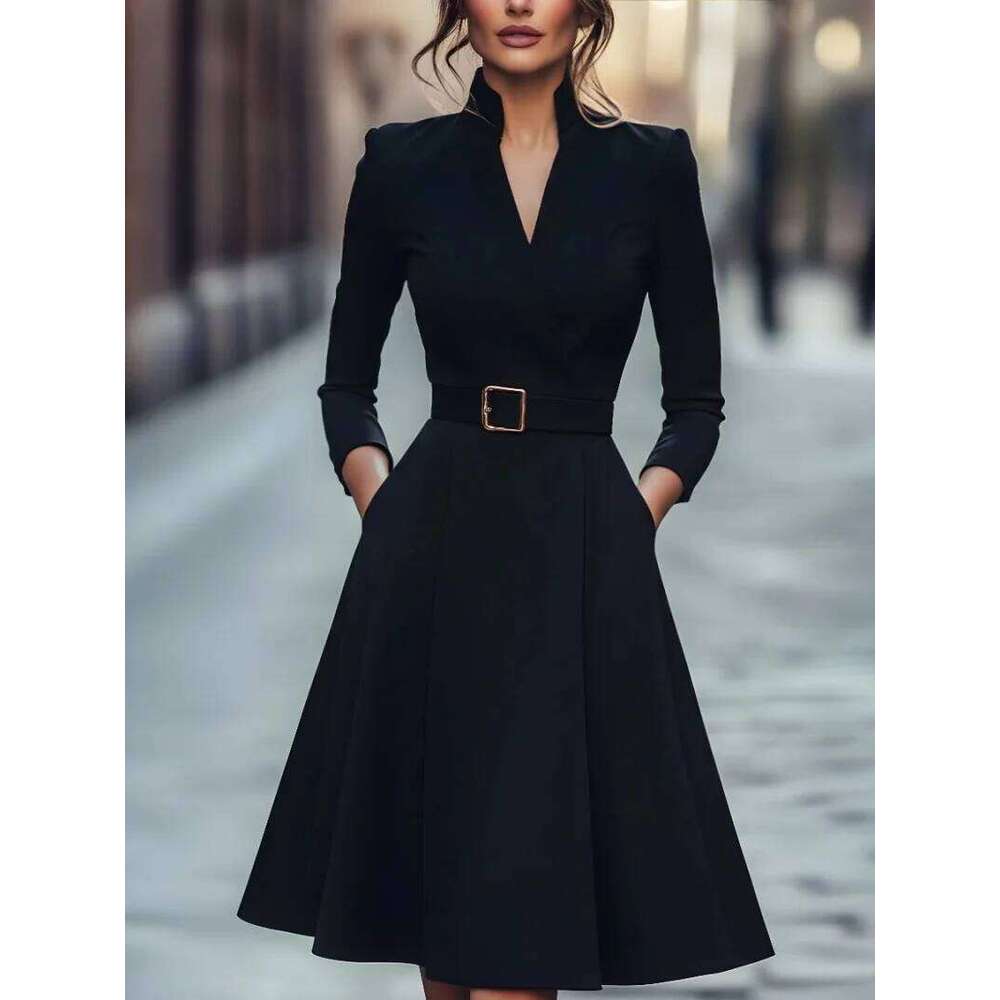 Women's Autumn Winter V-Neck Long Sleeve A-Line Skirt Slimming Waist Belted Medium-Length Commuter Fashion XJ260225