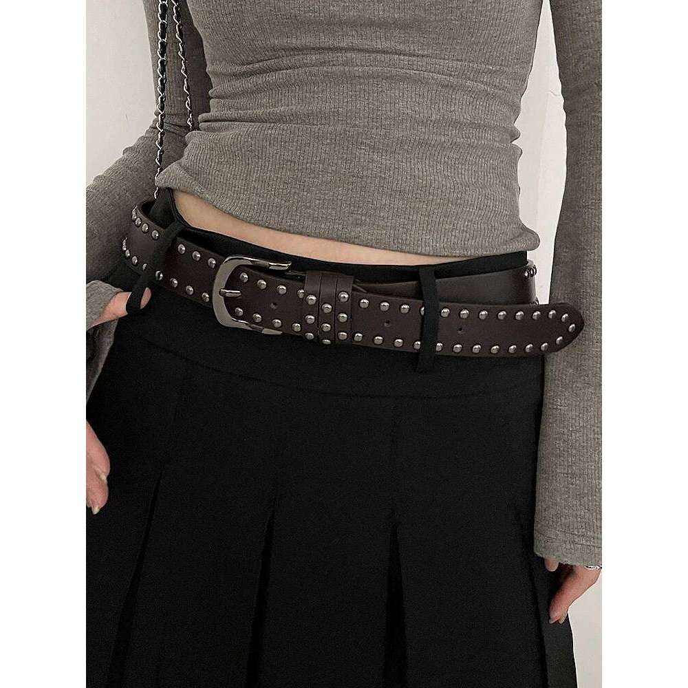 2026 New Women Women's Jeans Tie-in Ladies' Personality Rivet Belt Senior Black Fashion Y260225