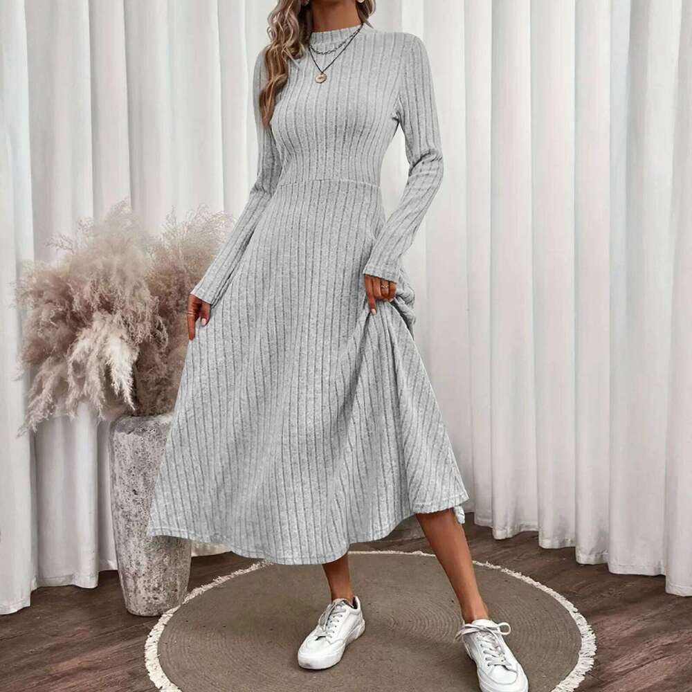 Women Fleece Ribbed Round Neck Solid Maxi Long Sleeve Chic Elegant Ladies Casual Party Dress Slim Fit Fashion Wear XJ260225