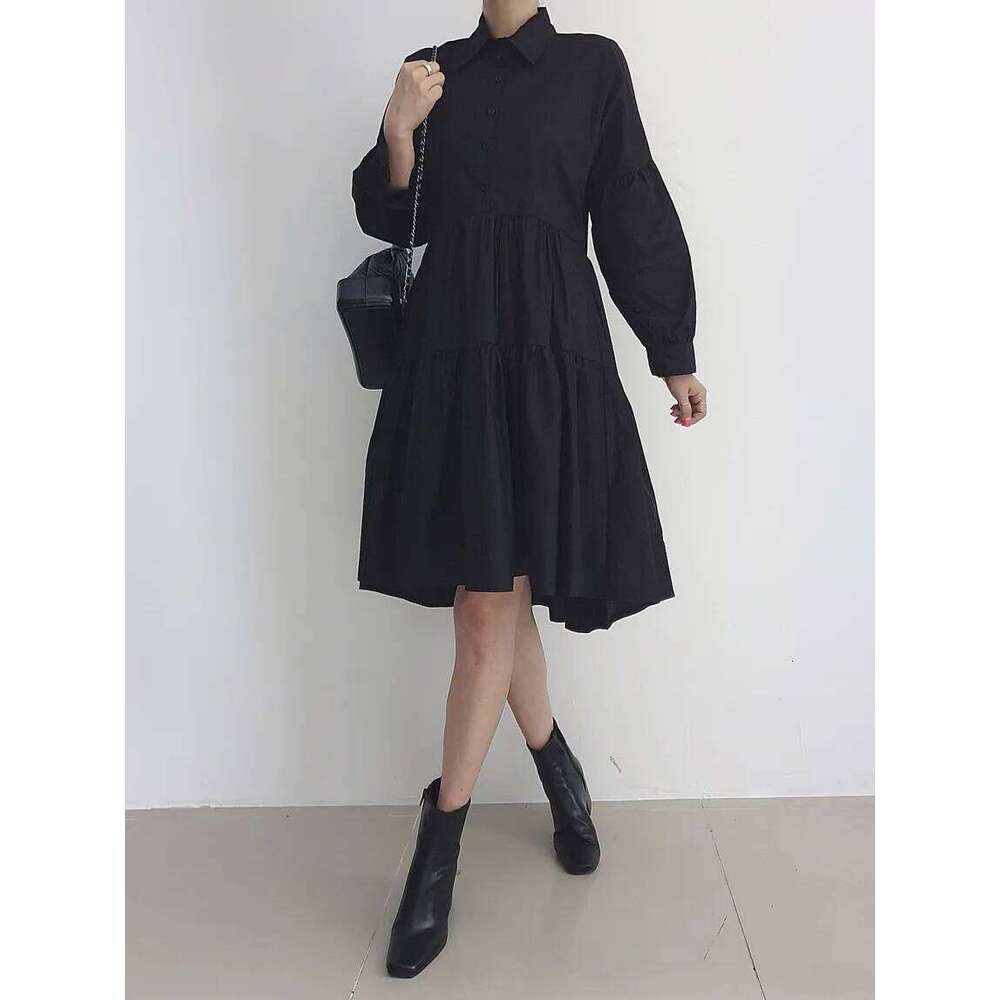 REALEFT Autumn Elegant Lantern Sleeve Women's A-line Shirts Dresses Turn-down Collar Buttons Casual Loose Umbrella Dress Female XJ260225