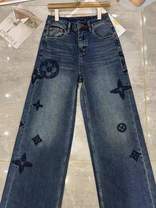 Women's Jeans Spring Autumn Rhinestone-Embellished Straight Leg Slim-Fit Versatile High-End Wide-Leg Jeans