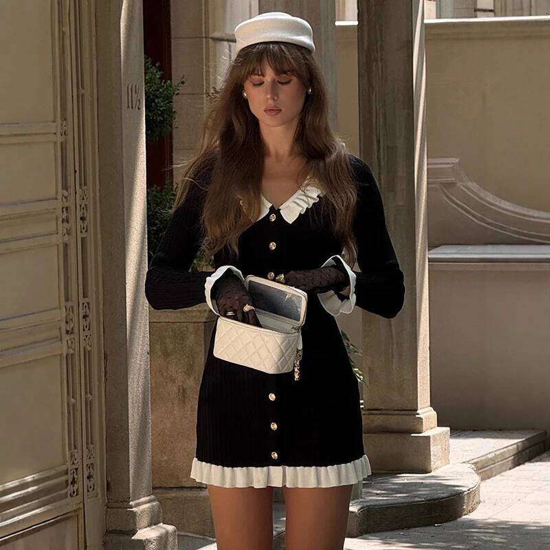 Tornova Black Ruffled Knitted Woman Elegant V neck Long Sleeve Mini Dress Contrast Splice Autumn New Chic Lady Commutin XJ260225