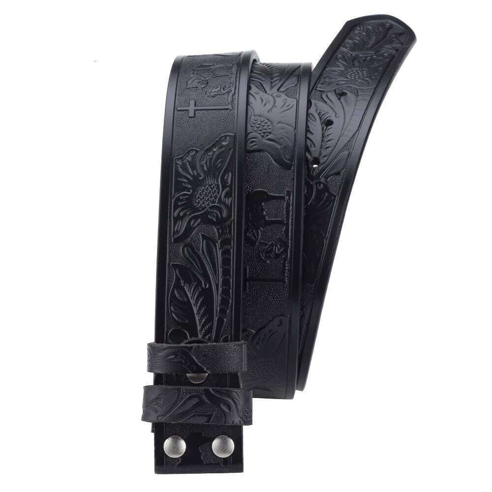 No Buckle Belt Genuine Leather Horse Cross Pattern Width 3.8cm Y260225