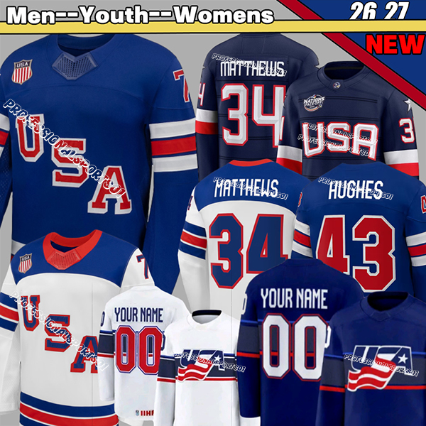 #34 AustonS MatthewsS team USA hockey jerseys 2026 Olympices hockey jersey #43 Quinn Hughes Kyle Charlie McAvoy Jack Eichel jack hughes team usa jersey