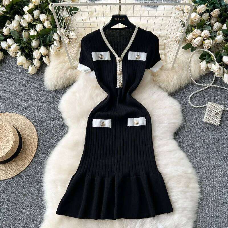 Elegant Knitted Slim Fit Summer Clothing Women Short Sleeve V-Neck Bodycon Midi Dresses OL Style Knitting Dress Robe Femme XJ260225