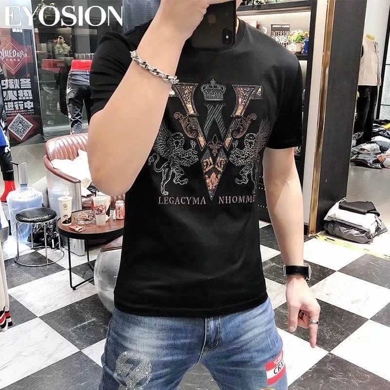 Men's Lion V-letter Rhinestone T-shirt Summer Cotton Casual Short Sleeve Plus SizeT260225
