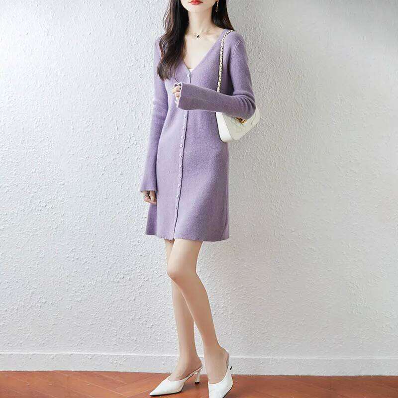 Yoyoselect 100% Merino Wool Women's Mini V Neck Bottoned Knitted Dress A Line Soft Warm Autumn Winter Cashmere Dresses XJ260225