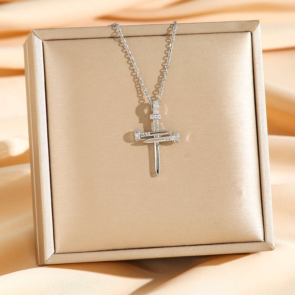 Micro Inlaid Diamond Stud Cross Titanium Steel Necklace for Women Trendy Collarbone Chair