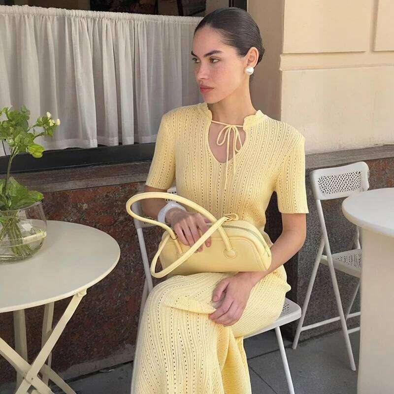 Knitted Long Female Short Sleeve Slim Hollow Retro Elegant Sweater 2025 Summer High Waist Woman Dress XJ260225