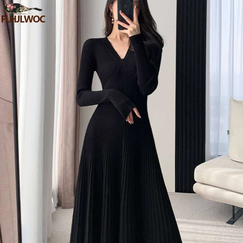 Winter Spring Basic Wear Women New Year Red French Style Design Slim Fit A Line V Neck Knitted Sweater Dress Long Maxi Vestidos XJ260225