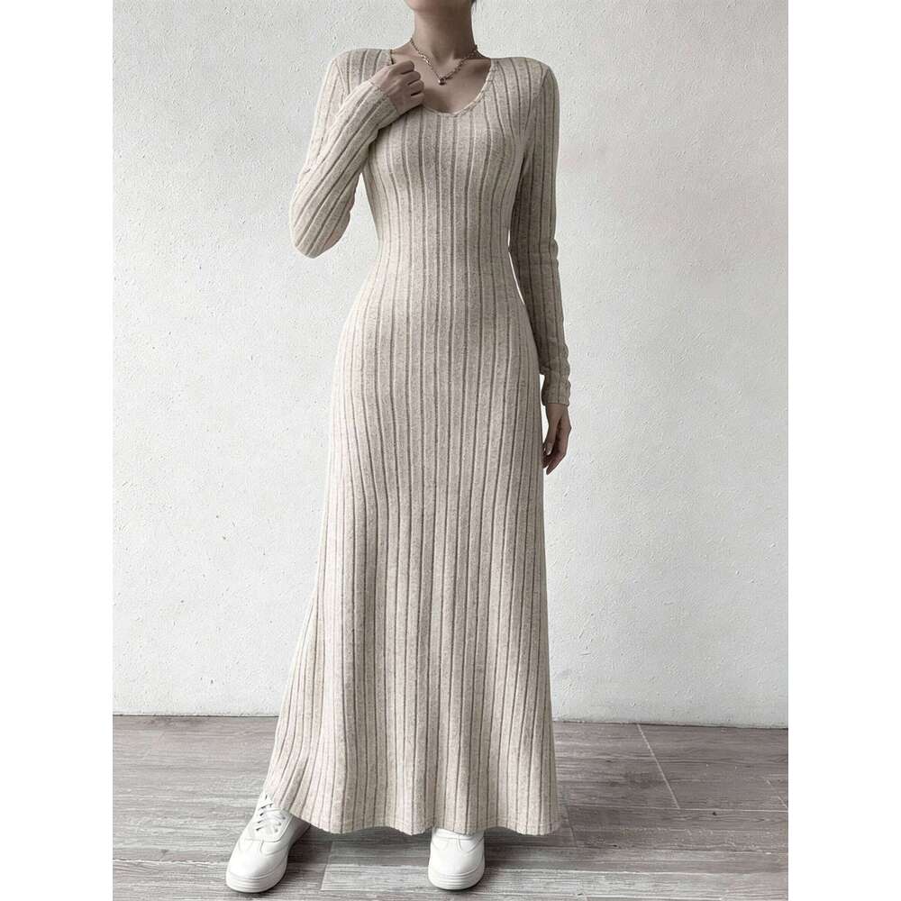 Women's Slim Fit Fashionable Knitted Long Sleeve A-Line Street Style Solid Color Maxi Dress XJ260225