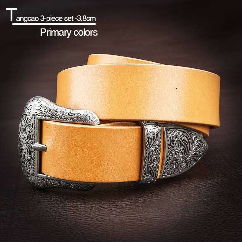 Genuine Leather Men's High Quality Tangcao Three-Piece Silver Plated Belt Buckl Full-Grain Leathere Pin Buckle Belts Y260225