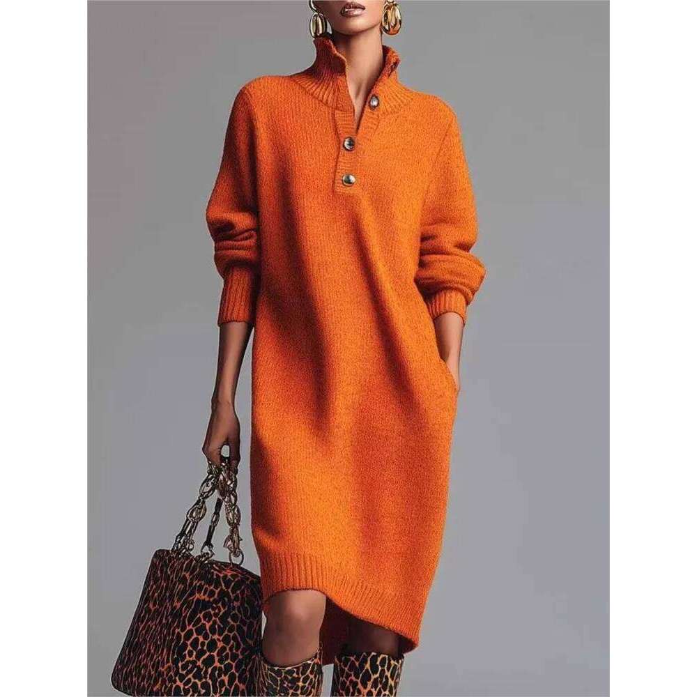 Solid Knitted Midi Dress For Woman Spring Fashion Button Half-open High Neck Loose Dresses Ladies Autumn Leisure Warm Vestidos XJ260225