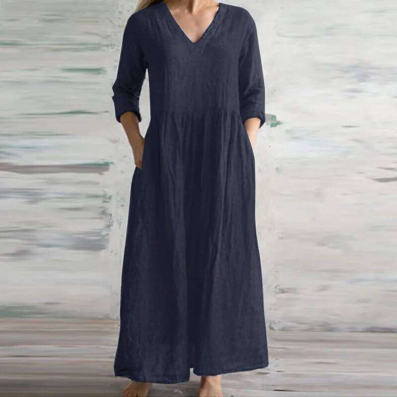 Cotton Linen Loose Long Dresses For Women 2024 Spring Autumn New Casual Half Sleeves V-neck Maxi Dress Simple Style Lady Vestido XJ260225
