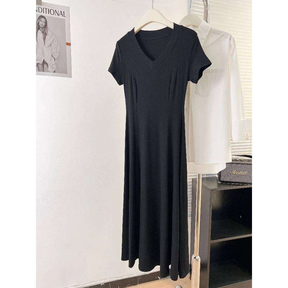 Zjaiss 2026 Waist Cinched Mid Length Black Hepburn Style Frock Autumn New Modal V-neck Short Sleeve Dress XJ260225