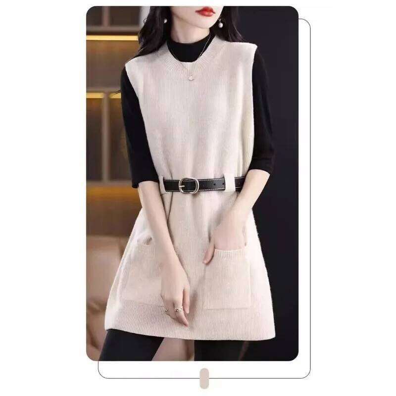 Fashionable Solid Color for Women Autumn Loose Warm Knitted Vest Sweater Layered Commuting Dress XJ260225