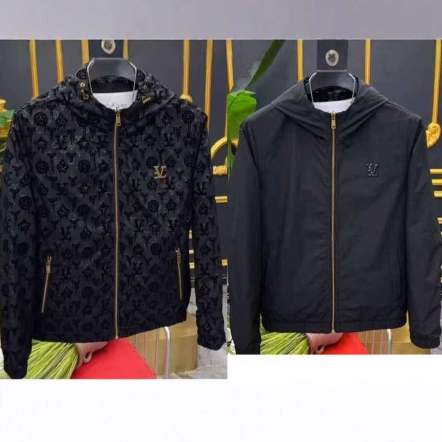 2025 Autumn New Flocked Hooded Jacket Printed Men's Reversible Coat Casual Trendy Brand Slim