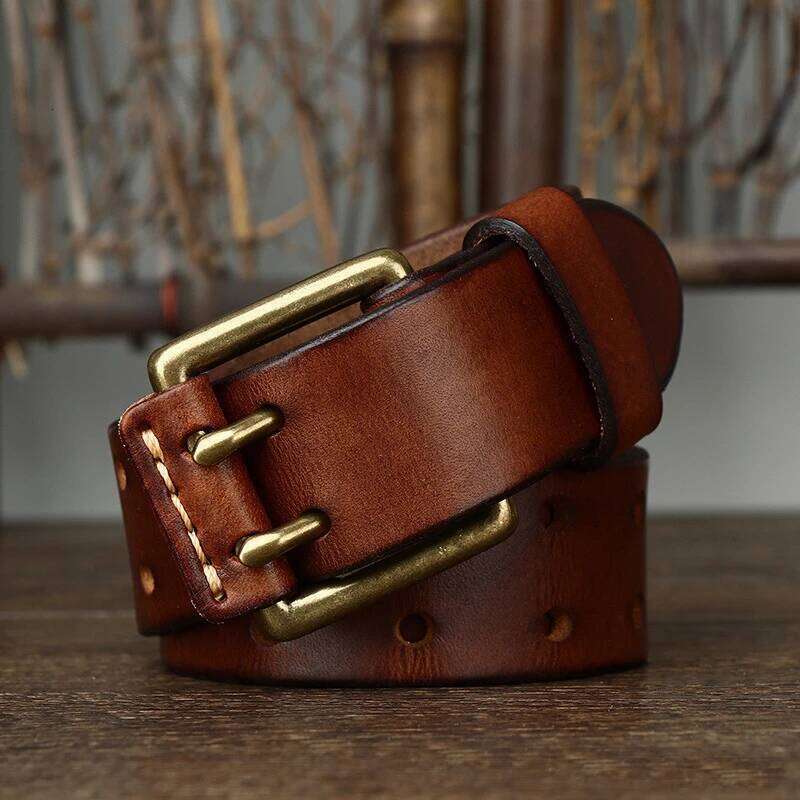 Men's Leather Double Needle Buckle Classic Tow Row Hole Jeans Belt Cowboy Hollowed Out Waistband Width:3.8cm Length:105-125cm Y260225