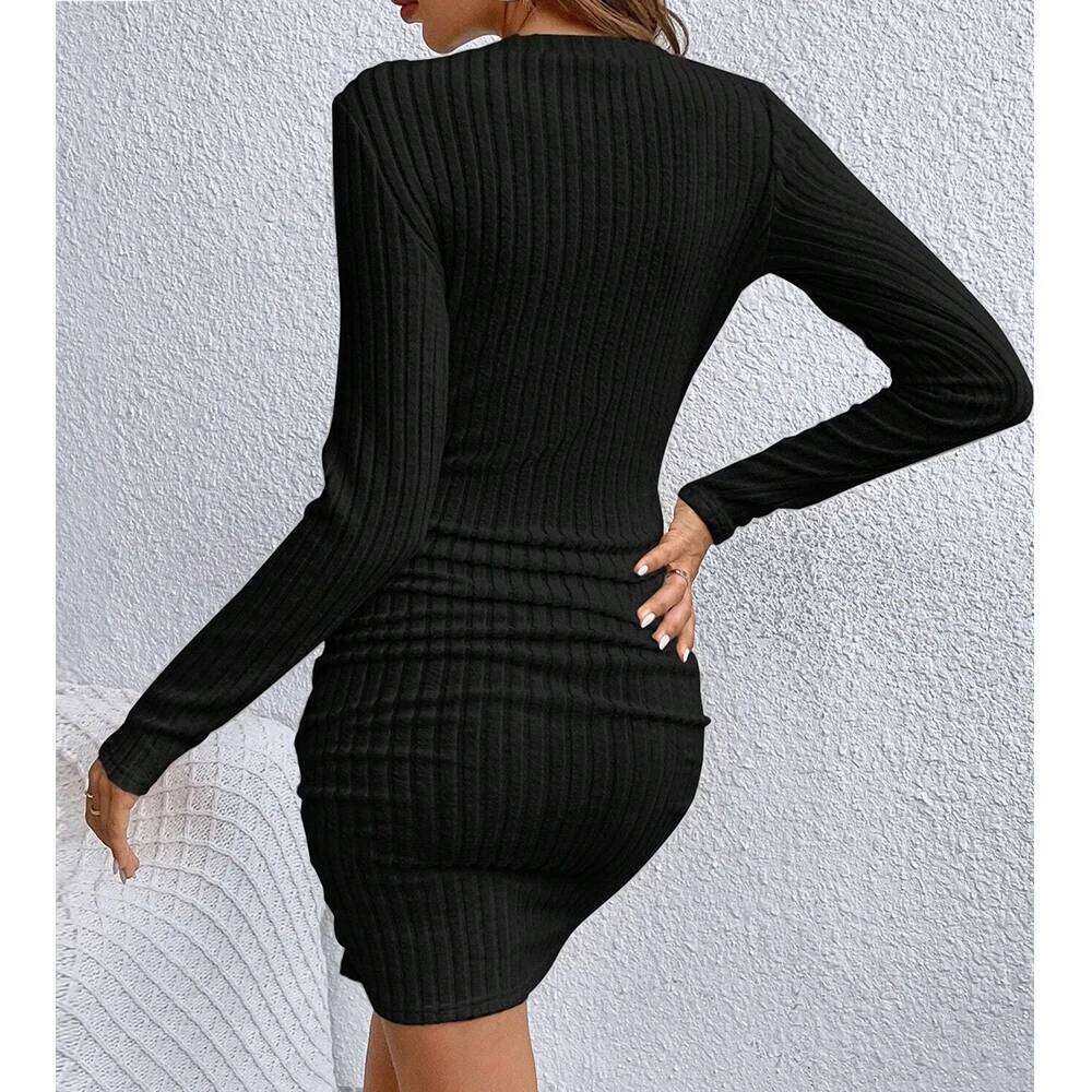 Women's Autumn Fitting Slim Plain Long Sleeve V-Neck Bodysuit Mini Casual Dresses XJ260225