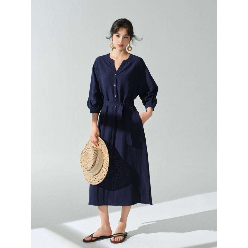 Women Elegant V Neck Shirt Lady Relaxed Tie Waist Midi Dress Casual Early Spring Long Sleeve Commuter Outfit Daily Wear XJ260225
