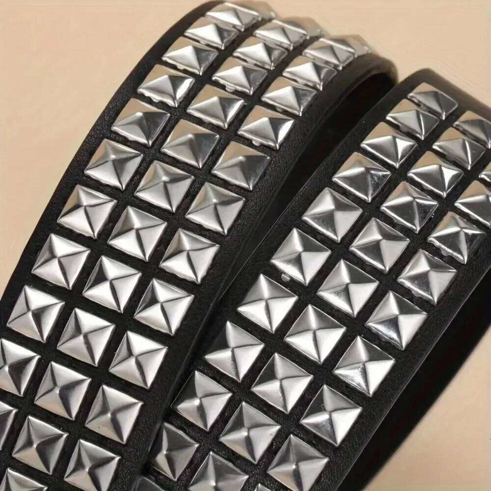 1Pcs Black Leather Belt with Silver Pyramid Studs Punk Rock Style Men Women Fashion Waist Strap Y260225