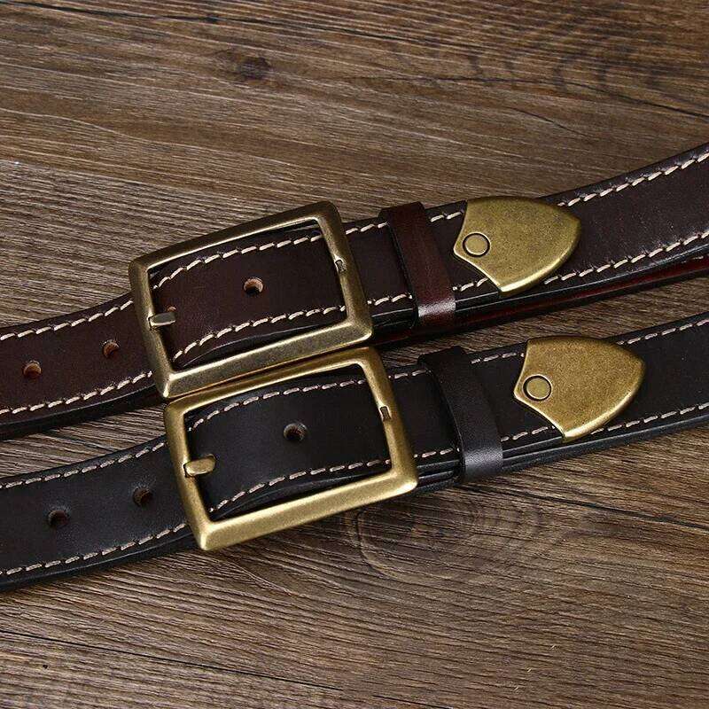 3.3CM Pure Cowhide High Quality Genuine Leather Belts for Men Women Strap Male Brass Buckle Jeans Cowboy Thickened Both Sides Y260225