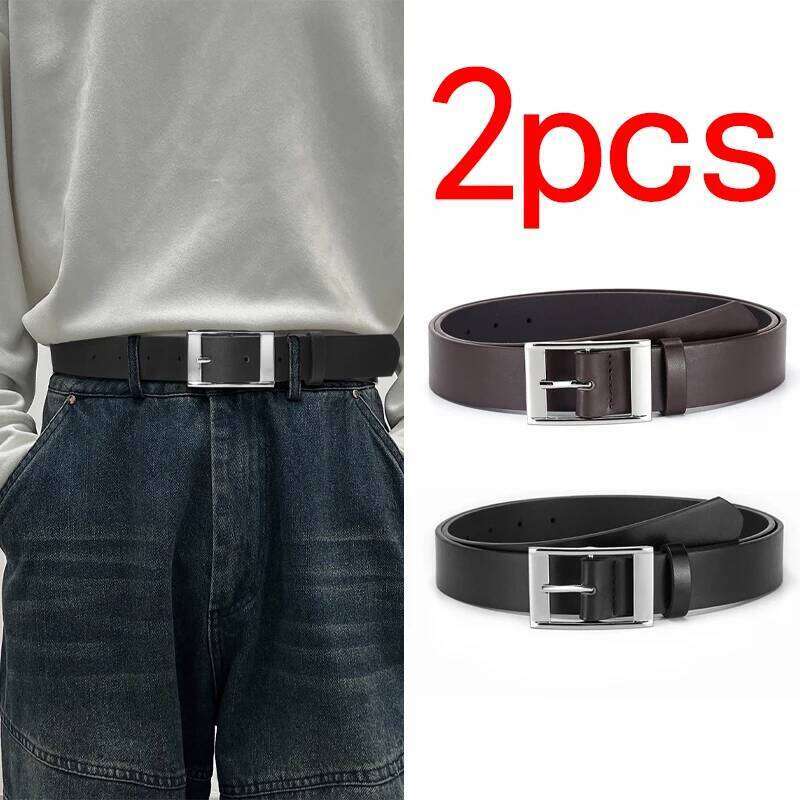 2pcs New Men's Silver Square Buckle Waist Belt, Casual Fashionable, Exquisite And Durable, Suitable For Pairing With Jeans Y260225
