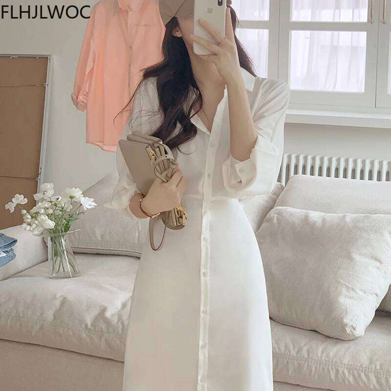 2024 Chic Korea Fashion Clothes Fenimine Vestidos Women Elegant Office Lady Vintage Single Breasted Button Solid Shirt Dress XJ260225