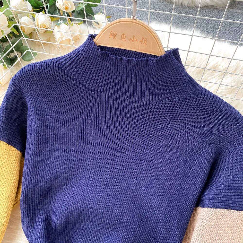 YuooMuoo Women 2025 Autumn Winter Color Patchwork Long Sleeve Knitted Sweater Dress with Belt Lady Bodycon Party Dresses XJ260225