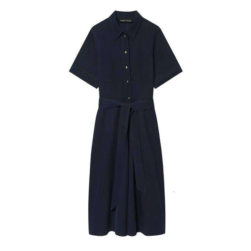 Women's Short-Sleeve Formal Navy Blue Belted Mid-Length Dress, Suitable for Office, Business, and Casual Events XJ260225