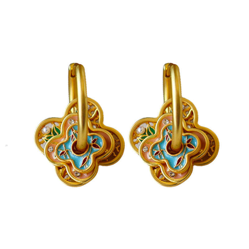 Gold Earrings for Women Exquisite Enamel Four Leaf Clover Huggie Earrings Gold Hollow Floral Zircon Jewelry Free Shipping